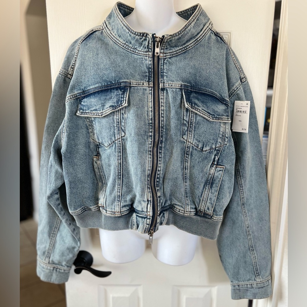 Good American Cropped Ribbed Trims Relaxed Fit Denim Jacket 2XL - Picture 4 of 14